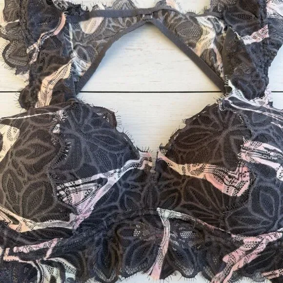 Victorias Secret PINK Date Push Up Bralette Size Medium Gray Floral Lace - Picture 4 of 11